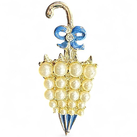 Vintage Gold-Tone Umbrella Brooch With Faux Pearls & Blue Bow - Picture 1 of 2